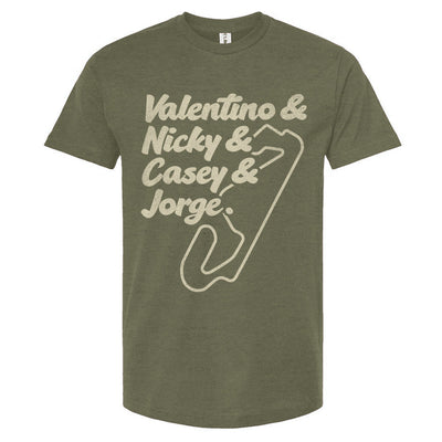 crewneck t-shirt with a graphic design in a cream color. The text lists 'Valentino & Nicky & Casey & Jorge' with a stylized racetrack