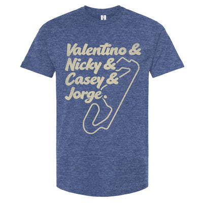 A crewneck t-shirt with text and a graphic design in a cream color. The text lists 'Valentino & Nicky & Casey & Jorge' with a stylized representation of a motorcycle track beneath it.