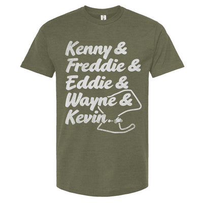 Black T-shirt with white text listing the names of American GP motorcycle racers like Kenny, Freddie, Eddie, Wayne, and Kevin in a stylized layout.