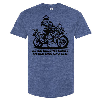 T-shirt with a man on a GS motorcycle sitting proudly with text below saying "never underestimate an old man on a gs"