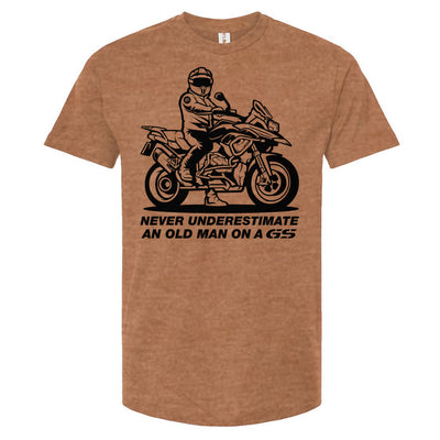 T-shirt with a man on a GS motorcycle sitting proudly with text below saying "never underestimate an old man on a gs"