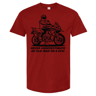 T-shirt with a man on a GS motorcycle sitting proudly with text below saying "never underestimate an old man on a gs"