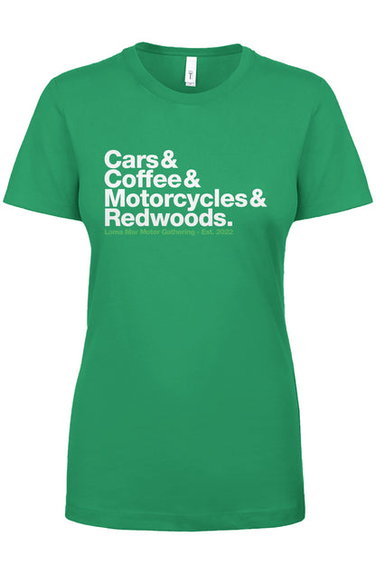 Cars & Coffee, Motorcycles & Redwoods Loma Mar Motor Gathering Women's T-Shirt