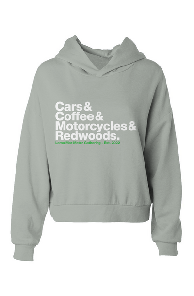 Loma Mar Motor Gathering 2025 Women's Hip Height Hoodie, cars and coffee, motorcycles, redwoods, california coast, nature, sf bay area, community, friends, women, crop, cropped, hip height, sage, green
