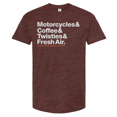 Loma Mar Motor Gathering Motorcycles and Coffee t-shirt by Crown Moto