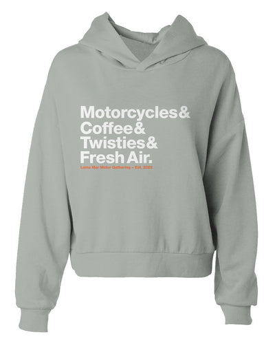 Loma Mar Motor Gathering Women Motorcyclist Hoodie, cropped, crop, woman's, loma mar, motorcycles, motorbikes, riders, women who ride, coffee, twisties, fresh air, california coast, hoodie, sage, green