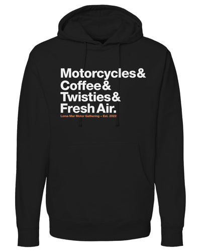 Loma Mar Motor Gathering Motorcyclist Hoodie, motorcycles, coffee, twisties, fresh air, motorcycle hoodies, motorcycle lifestyle, rider t-shirts, motorbikes, go ride, motorcycle gathering, motorcycle meet-up