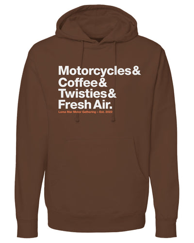 Loma Mar Motor Gathering Motorcyclist Hoodie, motorcycles, coffee, twisties, fresh air, motorcycle hoodies, motorcycle lifestyle, rider t-shirts, motorbikes, go ride, motorcycle gathering, motorcycle meet-up