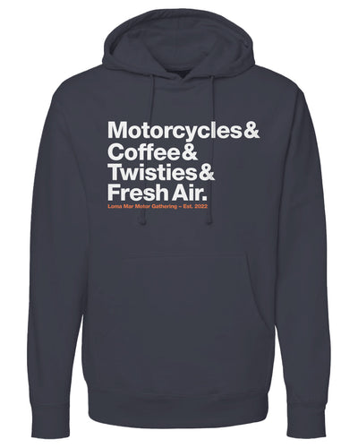 Loma Mar Motor Gathering Motorcyclist Hoodie, motorcycles, coffee, twisties, fresh air, motorcycle hoodies, motorcycle lifestyle, rider t-shirts, motorbikes, go ride, motorcycle gathering, motorcycle meet-up