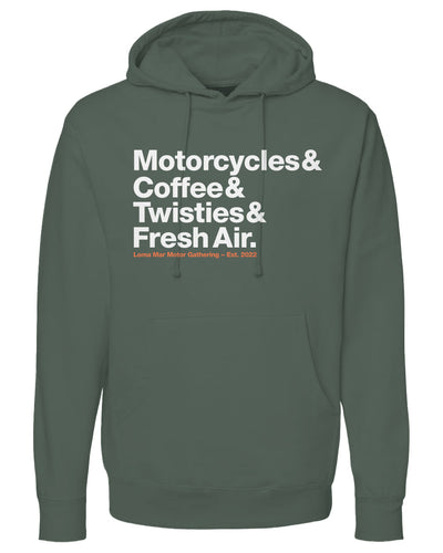 Loma Mar Motor Gathering Motorcyclist Hoodie, motorcycles, coffee, twisties, fresh air, motorcycle hoodies, motorcycle lifestyle, rider t-shirts, motorbikes, go ride, motorcycle gathering, motorcycle meet-up