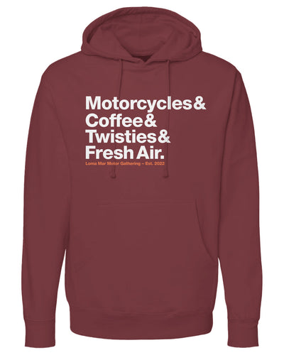 Loma Mar Motor Gathering Motorcyclist Hoodie, motorcycles, coffee, twisties, fresh air, motorcycle hoodies, motorcycle lifestyle, rider t-shirts, motorbikes, go ride, motorcycle gathering, motorcycle meet-up