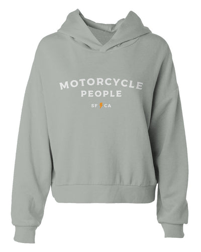 Motorcycle People SF Women's Hip Height Hoodie, women who ride, hooded, soft, warm, cropped hoodie, crown moto, sage green
