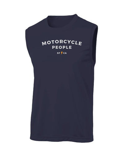 Motorcycle People Sleeveless T, workout shirt, sleeveless, tank top, moisture wicking, motorcycles, motorcycle lifestyle, motorbikes, navy blue
