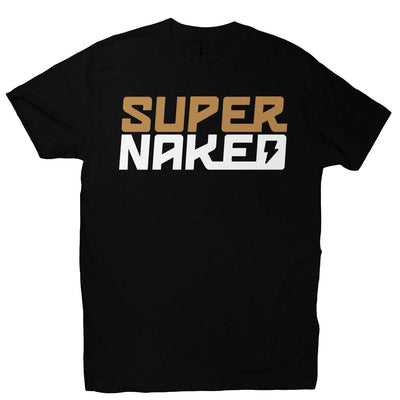 SUPERNAKED Stacked Gold Logo T-Shirt, super naked motorcycles, ktm super duke, ducati streetfighter, mt10, mt09, h2, bmw s1000r, aprilia tuono, buell, naked bikes, ride naked, no fairings