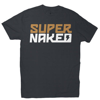 SUPERNAKED Stacked Gold Logo T-Shirt, super naked motorcycles, ktm super duke, ducati streetfighter, mt10, mt09, h2, bmw s1000r, aprilia tuono, buell, naked bikes, ride naked, no fairings