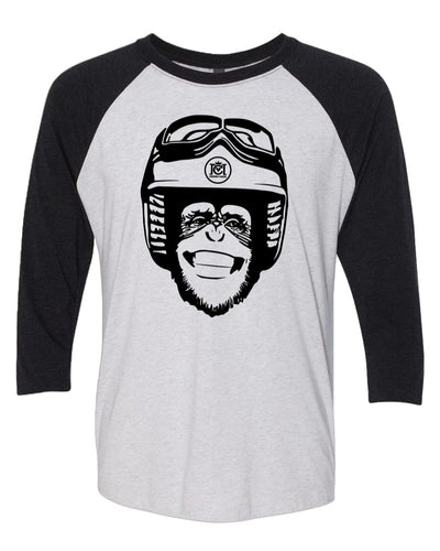 Moto Monkey Three-Quarter Raglan, moto monkey, original, crown moto, raglan t-shirt, funny t-shirt, humor, unisex, chimp, motorcycle lifestyle