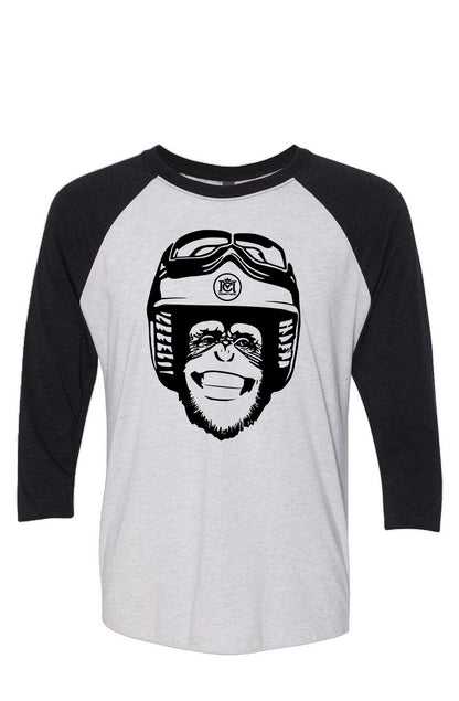 Moto Monkey Three-Quarter Raglan, moto monkey, original, crown moto, raglan t-shirt, funny t-shirt, humor, unisex, chimp, motorcycle lifestyle