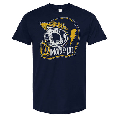 Moto is Life - Skull T-Shirt in navy, motorcycle lifestyle, gifts for riders, motocross, supermoto