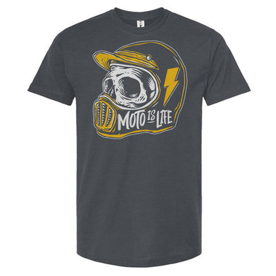 Moto is Life - Skull T-Shirt in charcoal gray, motorcycle lifestyle, gifts for riders, motocross, supermoto