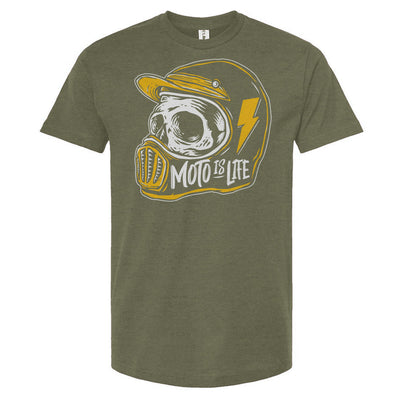 Moto is Life - Skull T-Shirt in heather military green, motorcycle lifestyle, gifts for riders, motocross, supermoto
