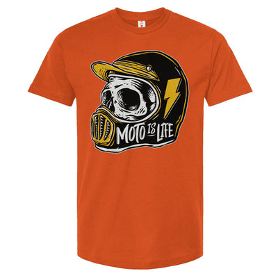 Moto is Life - Solid Skull T-Shirt design on orange shirt, motorcycles, motorbikes, ride for life, crown moto, motorcycle shirts, moto skull, gifts for riders