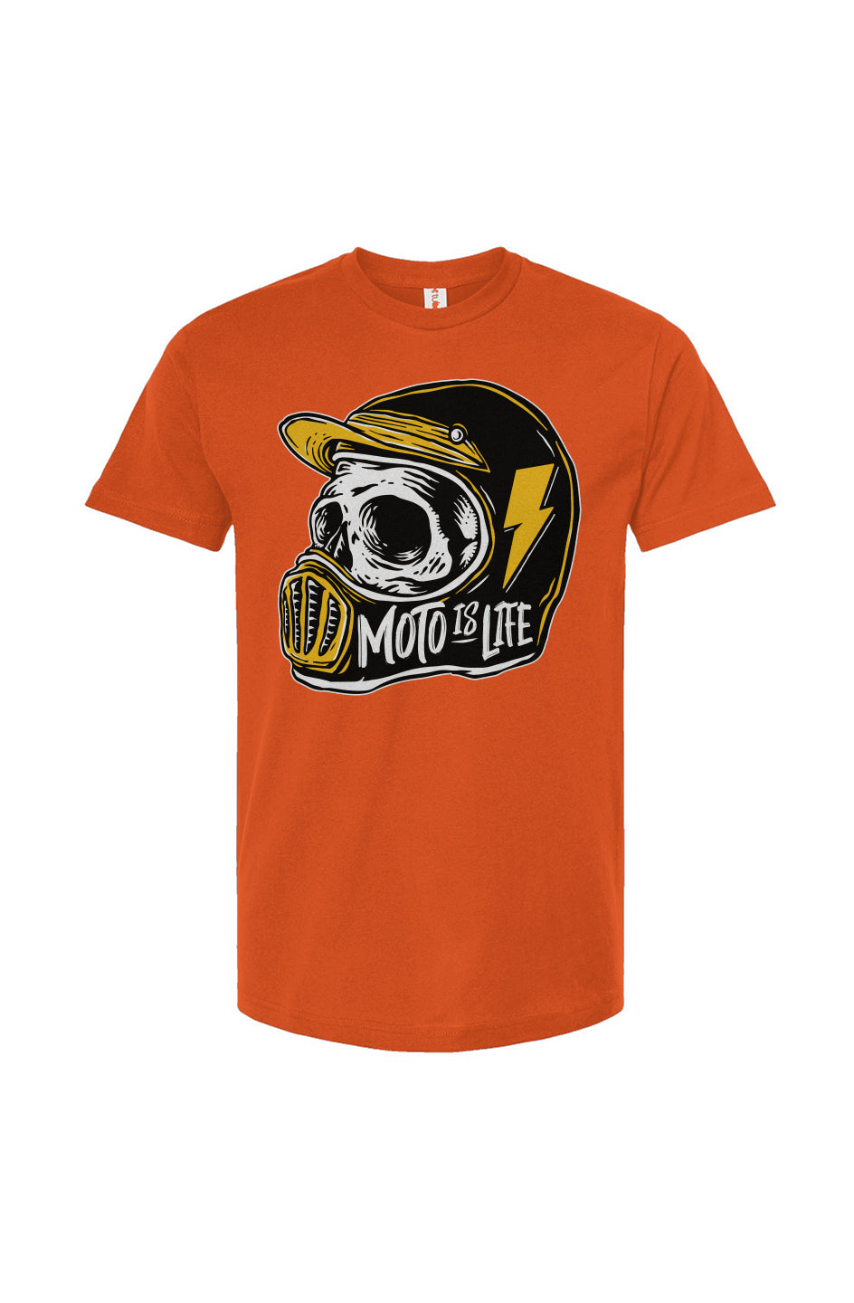 Moto is Life - Solid Skull T-Shirt design on orange shirt, motorcycles, motorbikes, ride for life, crown moto