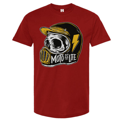 Moto is Life - Solid Skull T-Shirt design on cardinal red shirt, motorcycles, motorbikes, ride for life, crown moto