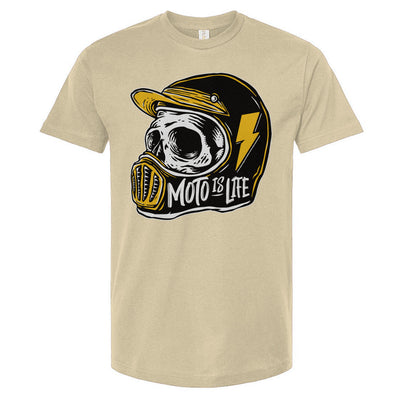 Moto is Life - Solid Skull T-Shirt design on vintage white shirt, motorcycles, motorbikes, ride for life, crown moto