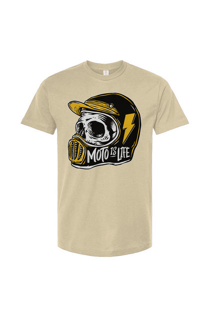 Moto is Life - Solid Skull T-Shirt design on vintage white shirt, motorcycles, motorbikes, ride for life, crown moto