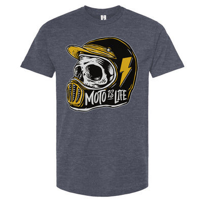 Moto is Life - Solid Skull T-Shirt design on heather blue shirt, motorcycles, motorbikes, ride for life, crown moto