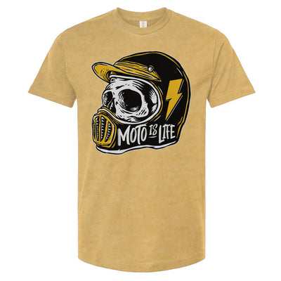 Moto is Life - Solid Skull T-Shirt design on light yellow shirt, motorcycles, motorbikes, ride for life, crown moto