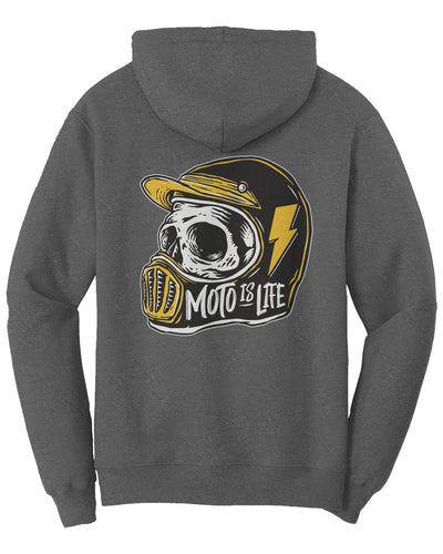 Moto is Life Solid Skull pullover hoodie, motorcycle lifestyle, moto hoodie, motocross, supermoto, skull, riders, gifts for riders, gray, grey motorcycle hoodie