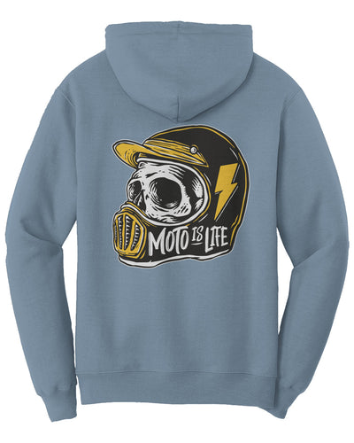 Moto is Life Solid Skull pullover hoodie, motorcycle lifestyle, moto hoodie, motocross, supermoto, skull, riders, gifts for riders, steel blue motorcycle hoodie
