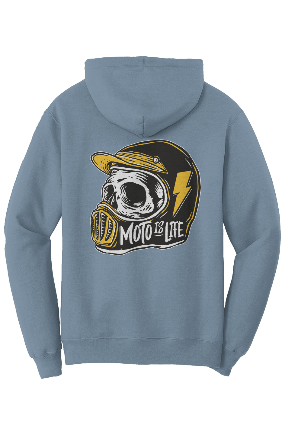 Moto is Life Solid Skull pullover hoodie, motorcycle lifestyle, moto hoodie, motocross, supermoto, skull, riders, gifts for riders, steel blue motorcycle hoodie