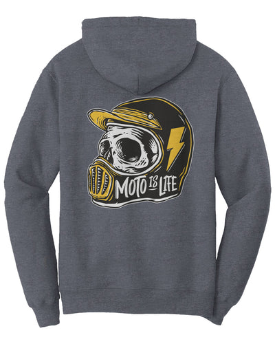 Moto is Life Solid Skull pullover hoodie, motorcycle lifestyle, moto hoodie, motocross, supermoto, skull, riders, gifts for riders, light navy motorcycle hoodie