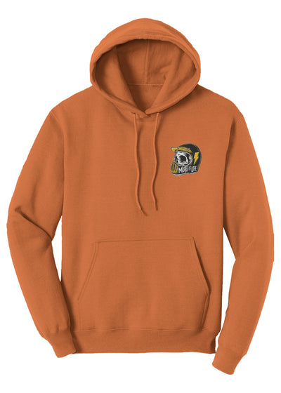 Moto is Life Solid Skull pullover hoodie, motorcycle lifestyle, moto hoodie, motocross, supermoto, skull, riders, gifts for riders, orange motorcycle hoodie