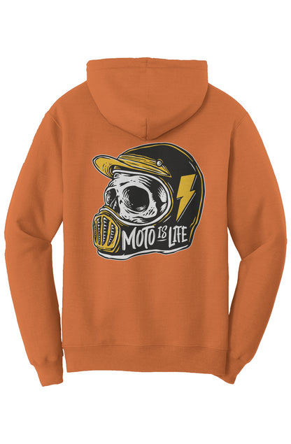 Moto is Life Solid Skull pullover hoodie, motorcycle lifestyle, moto hoodie, motocross, supermoto, skull, riders, gifts for riders, orange motorcycle hoodie back