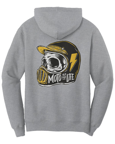 Moto is Life Solid Skull pullover hoodie, motorcycle lifestyle, moto hoodie, motocross, supermoto, skull, riders, gifts for riders, heather gray motorcycle hoodie
