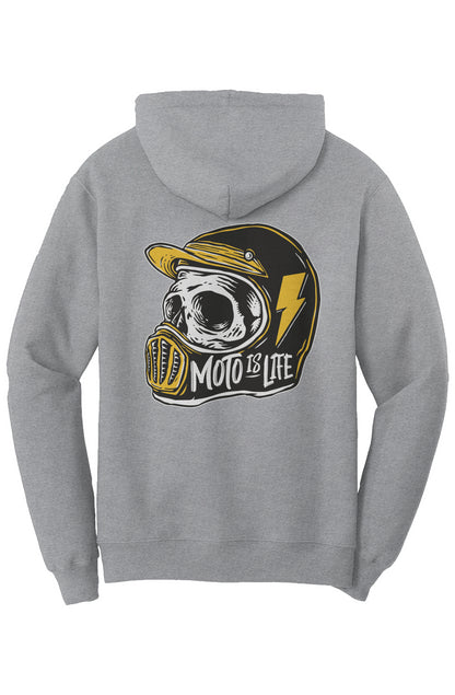 Moto is Life Solid Skull pullover hoodie, motorcycle lifestyle, moto hoodie, motocross, supermoto, skull, riders, gifts for riders, heather gray motorcycle hoodie