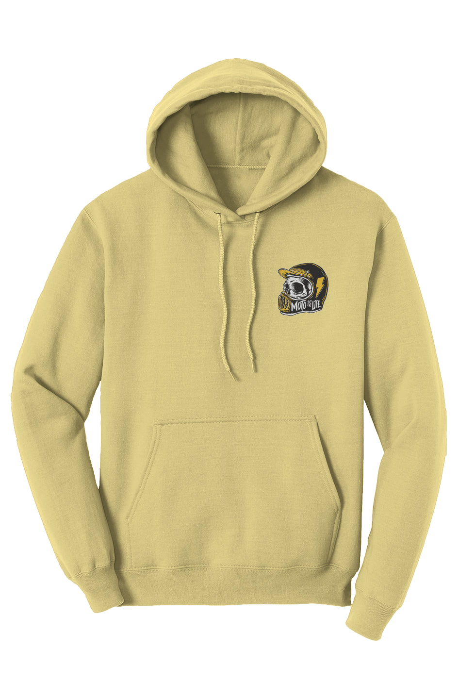 Moto is Life Solid Skull pullover hoodie, motorcycle lifestyle, moto hoodie, motocross, supermoto, skull, riders, gifts for riders, mellow yellow motorcycle hoodie