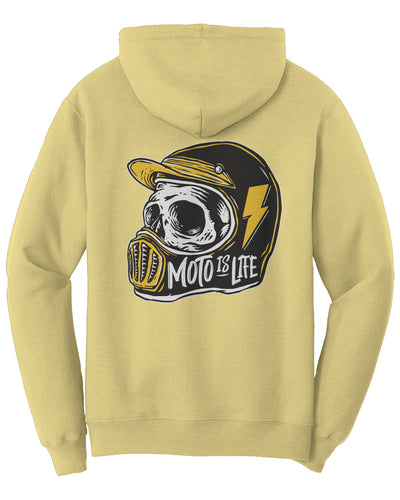 Moto is Life Solid Skull pullover hoodie, motorcycle lifestyle, moto hoodie, motocross, supermoto, skull, riders, gifts for riders, mellow yellow motorcycle hoodie