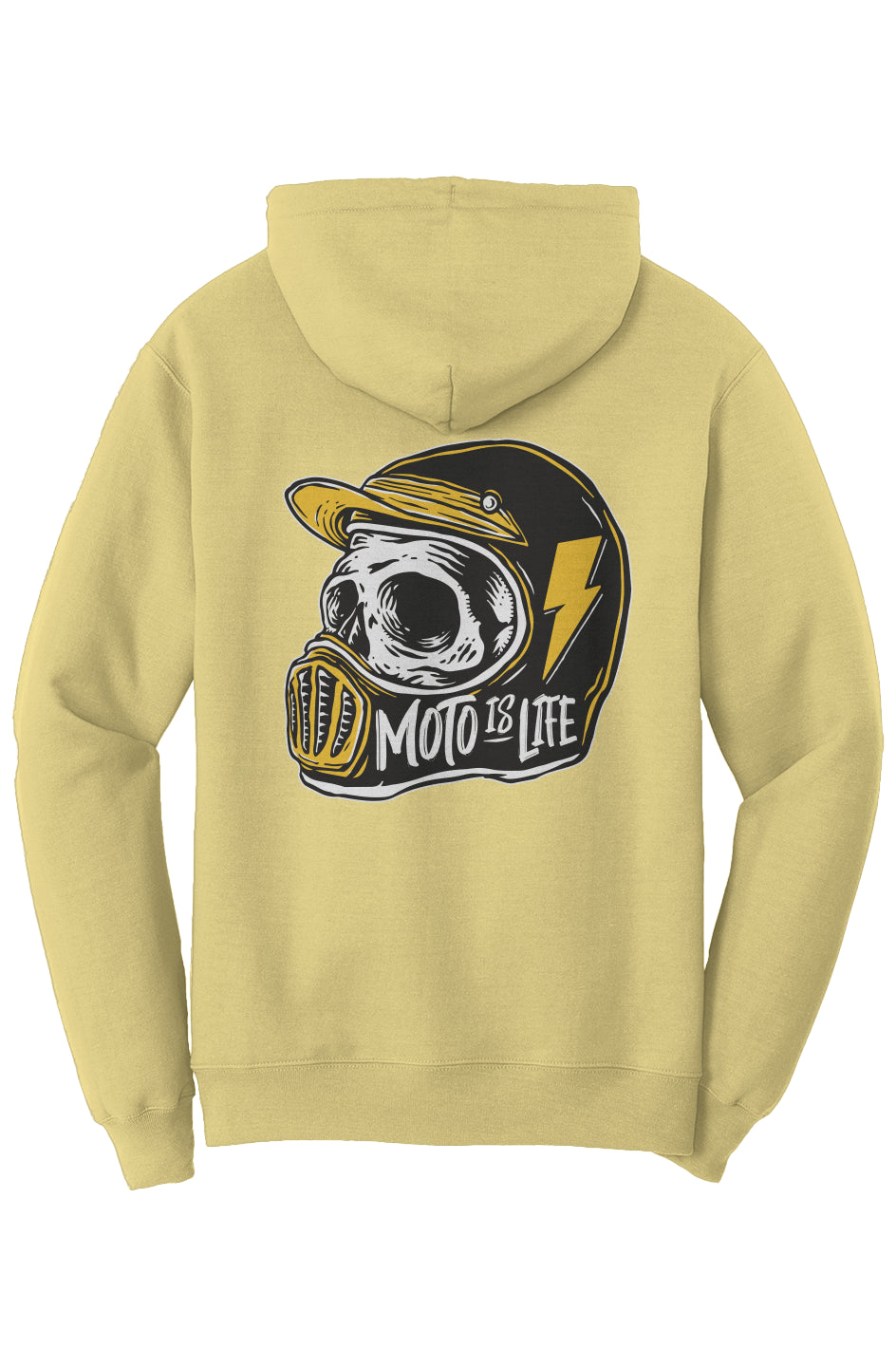 Moto is Life Solid Skull pullover hoodie, motorcycle lifestyle, moto hoodie, motocross, supermoto, skull, riders, gifts for riders, mellow yellow motorcycle hoodie