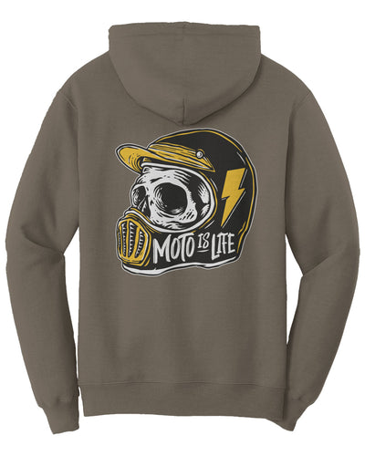 Moto is Life Solid Skull pullover hoodie, motorcycle lifestyle, moto hoodie, motocross, supermoto, skull, riders, gifts for riders, olive green motorcycle hoodie, dirtbikes