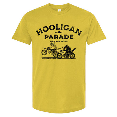 Hooligan Parade Local Animals T-Shirt in yellow, motorcycles, motorbikes, supermoto, hooligans, motorcycle shirts, motorcycle lifestyle, supermoto, san francisco, sf, california, crown moto, wheelies, stoppies, endos, burnouts, speeding, lawbreakers, bail money