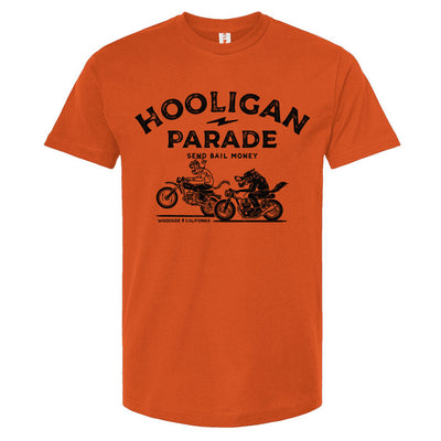 Hooligan Parade Local Animals T-Shirt in orange, motorcycles, motorbikes, supermoto, hooligans, motorcycle shirts, motorcycle lifestyle, supermoto, san francisco, sf, california, crown moto, wheelies, stoppies, endos, burnouts, speeding, lawbreakers, bail money