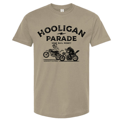 Hooligan Parade Local Animals T-Shirt in sand, motorcycles, motorbikes, supermoto, hooligans, motorcycle shirts, motorcycle lifestyle, supermoto, san francisco, sf, california, crown moto, wheelies, stoppies, endos, burnouts, speeding, lawbreakers, bail money, street racing
