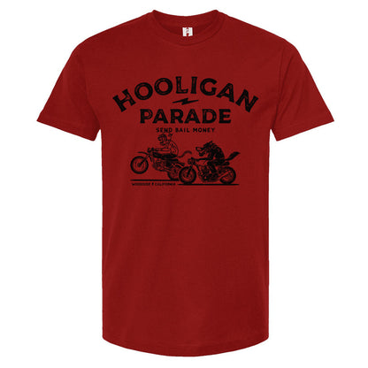Hooligan Parade Local Animals T-Shirt in dark red, motorcycles, motorbikes, supermoto, hooligans, motorcycle shirts, motorcycle lifestyle, supermoto, san francisco, sf, california, crown moto, wheelies, stoppies, endos, burnouts, speeding, lawbreakers, bail money, street racing