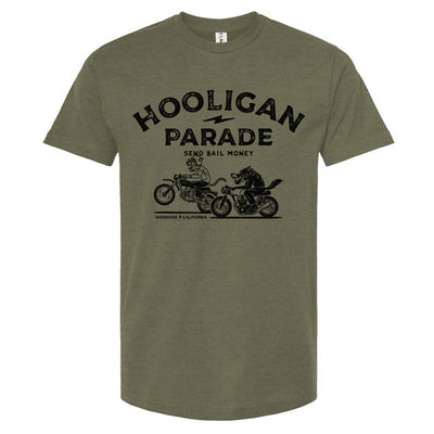 Hooligan Parade Local Animals T-Shirt in army green, motorcycles, motorbikes, supermoto, hooligans, motorcycle shirts, motorcycle lifestyle, supermoto, san francisco, sf, california, crown moto, wheelies, stoppies, endos, burnouts, speeding, lawbreakers, bail money, street racing