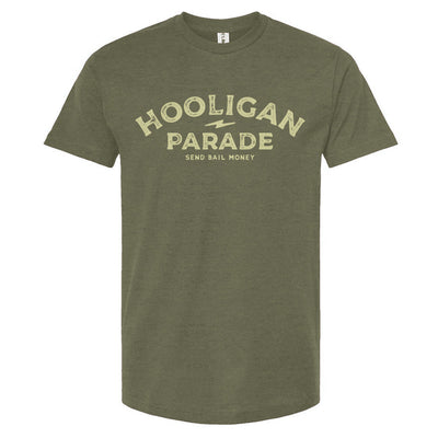 Hooligan Parade Send Bail Money army green t-shirt, hooligans, motorcycle shirts, motorcycle lifestyle, supermoto, san francisco, sf, california, crown moto, wheelies, stoppies, endos, burnouts, speeding, lawbreakers, bail money