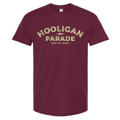 Hooligan Parade Send Bail Money burgundy t-shirt, hooligans, motorcycle shirts, motorcycle lifestyle, supermoto, san francisco, sf, california, crown moto, wheelies, stoppies, endos, burnouts, speeding, lawbreakers, bail money